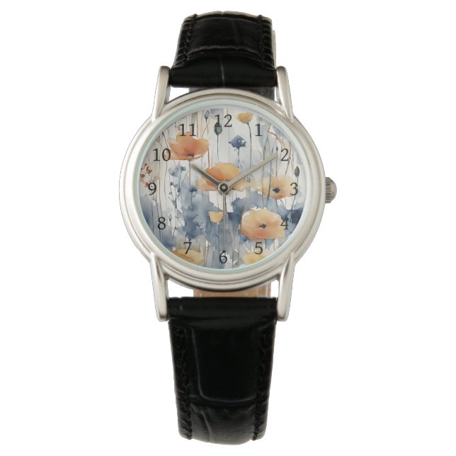 Reloj De Pulsera Naranja acuarela Flores Azul Indigo Diseño 347 (Anverso)