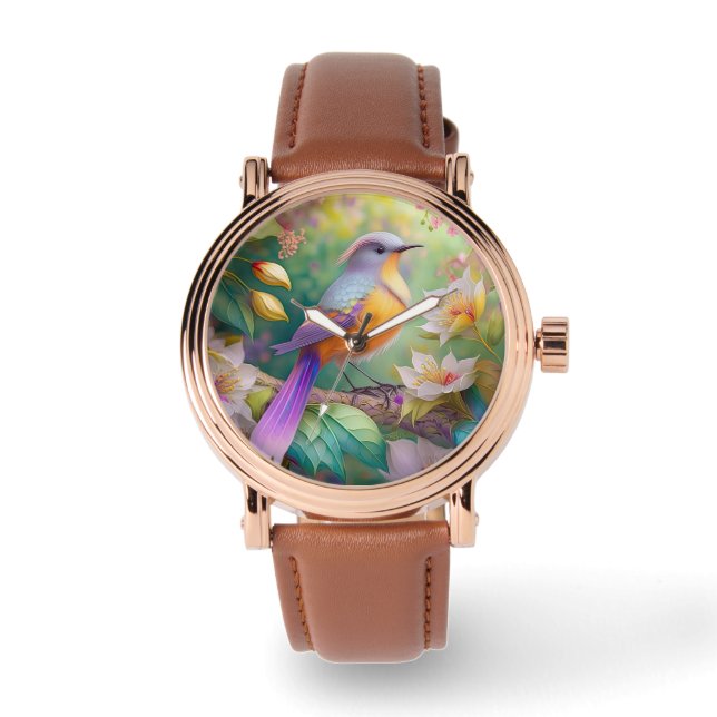 Reloj De Pulsera Naranja con cabeza de lavanda Pájaro de fantasía c (Anverso)