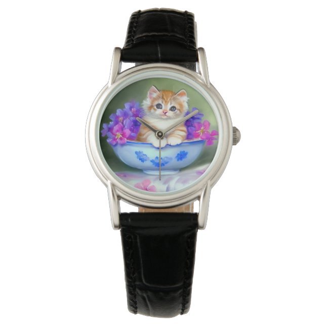 Reloj De Pulsera Naranja de época y Ilustracion de gatito blanco (Anverso)