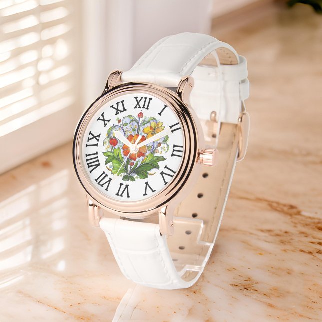 Reloj De Pulsera Naranja Flor Amarilla Bouquet Italiana Deruta Moti (Stylized Orange Yellow Flower Bouquet Italian Deruta Motif on marbled top)