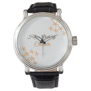 Reloj De Pulsera Naranja flor marrón feliz cumpleaños agregar nombr
