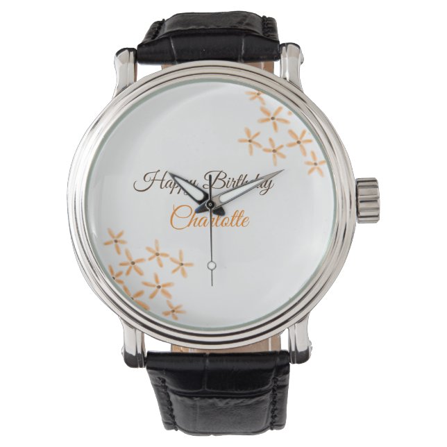 Reloj De Pulsera Naranja flor marrón feliz cumpleaños agregar nombr (Anverso)