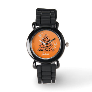 Reloj De Pulsera Naranja Leopard Cheetah Christmas Tree