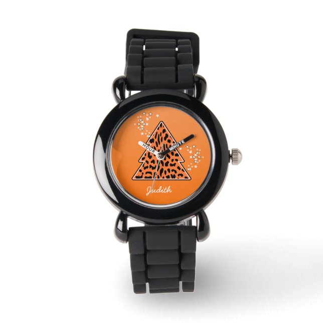 Reloj De Pulsera Naranja Leopard Cheetah Christmas Tree (Anverso)
