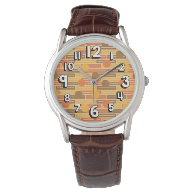 Reloj De Pulsera Naranja, Oro, Rectángulos y Círculos Marrones (Anverso)