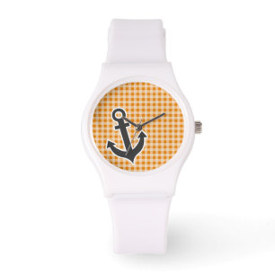 Reloj De Pulsera Naranja oscuro Gingham; Anchor