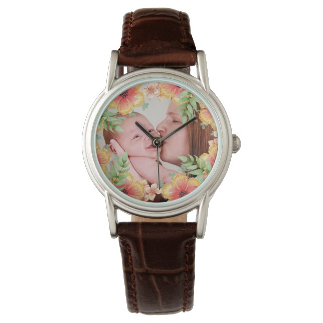 Reloj De Pulsera Naranja Personalizado Floral Foto (Anverso)