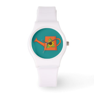 Reloj De Pulsera Naranja regando lata con girasol