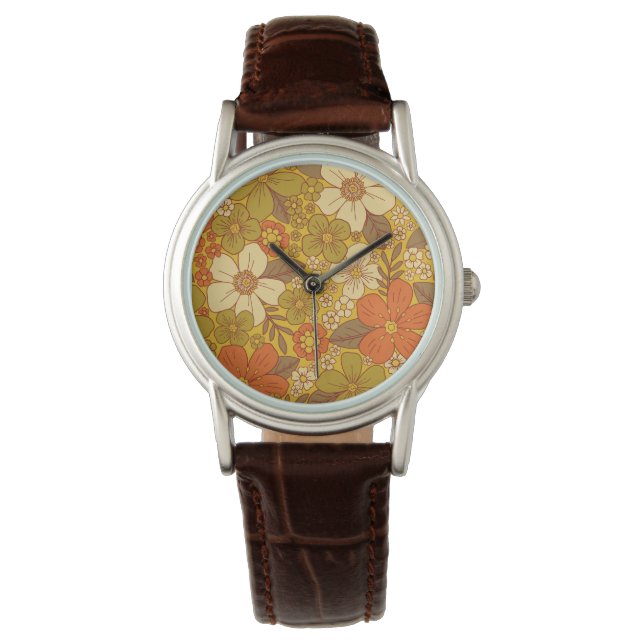 Reloj De Pulsera Naranja retro 60/70 y floral verde oliva (Anverso)