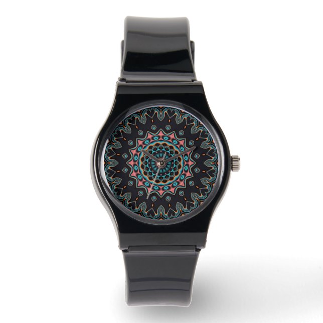 Reloj De Pulsera Naranja Rojo Negro Boho Azul Mandala (Anverso)