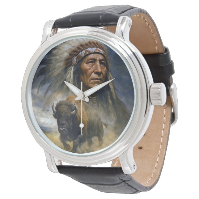 Reloj De Pulsera Native American Chief with Charging Buffalo (Angular)