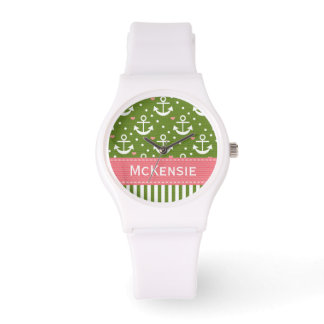 Reloj De Pulsera Náutica preppy rosa y verde ancla