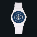 Reloj De Pulsera Nautical Anchor Seahorse Captain Boat Name Navy<br><div class="desc">Un Ancla Náutica y caballito de mar con Capitán Rango u otro título y Su nombre o nombre de barco en un reloj de pulsera elegante. Este Pocket Watch personalizado no sólo será el momento sino también un divertido artículo de conversación. Perfecto para el Día del Padre pero también hace...</div>