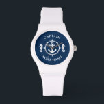 Reloj De Pulsera Nautical Anchor Seahorse Captain Boat Name Navy<br><div class="desc">Un Ancla Náutica y caballito de mar con Capitán Rango u otro título y Su nombre o nombre de barco en un reloj de pulsera elegante. Este Pocket Watch personalizado no sólo será el momento sino también un divertido artículo de conversación. Perfecto para el Día del Padre pero también hace...</div>