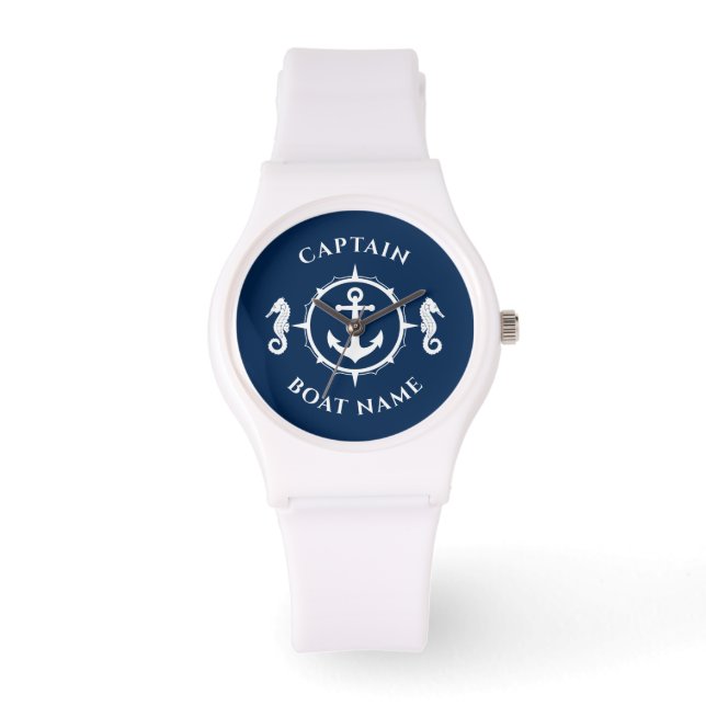 Reloj De Pulsera Nautical Anchor Seahorse Captain Boat Name Navy (Anverso)