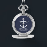 Reloj De Pulsera Nautical Navy Blue Anchor Personalizado Groomsmen<br><div class="desc">Nautical Personalized Groomsmen Gift Este diseño presenta ancla blanca y el nombre personalizado del groomsman con título en blanco clásico estilo de letra serif sobre fondo azul marino. También perfecto para el mejor hombre,  padre de la novia y más.</div>