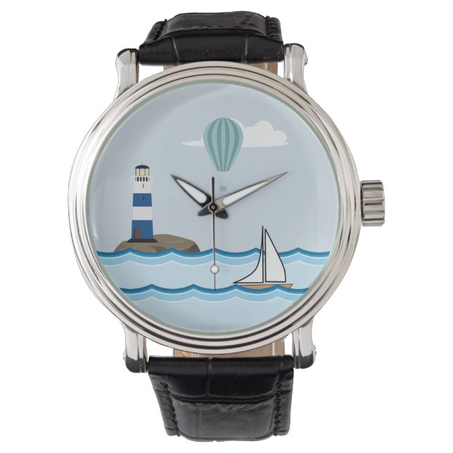 Reloj De Pulsera Nautical Scene with Lighthouse and Sailboat (Anverso)