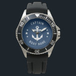 Reloj De Pulsera Nautical Vintage Anchor Captain Boat Name Navy<br><div class="desc">Un Ancla Vintage Náutica y estrellas con Capitán Rango u otro título y Su nombre o nombre de barco en un reloj de pulsera elegante. Este Pocket Watch personalizado no sólo será el momento sino también un divertido artículo de conversación. Perfecto para el Día del Padre pero también hace un...</div>