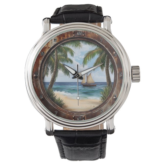 Reloj De Pulsera Nautical Window Coastal Retreat Rustic Beach (Anverso)