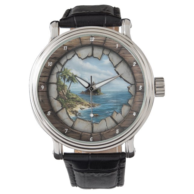 Reloj De Pulsera Nautical Window Island Escape Rustic Coastal (Anverso)