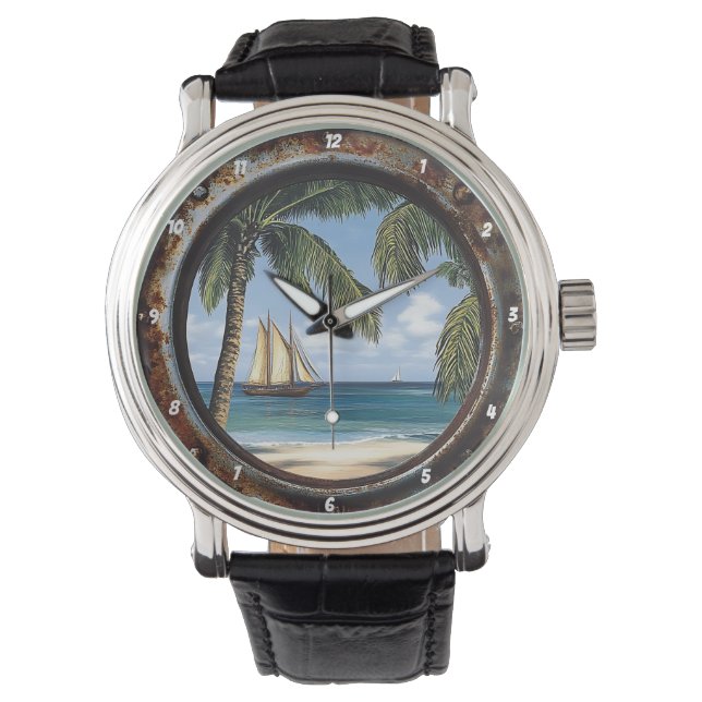 Reloj De Pulsera Nautical Window Rustic Tropical Sailboat (Anverso)