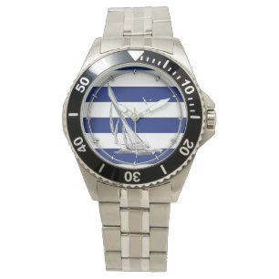 Reloj De Pulsera Navegación del cromo en rayas náuticas