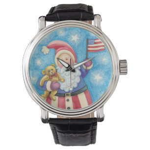 Reloj De Pulsera Navidades cortos, Papá Noel Patriótico con bandera