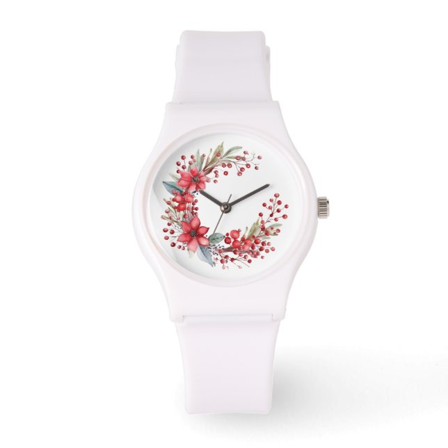 Reloj De Pulsera Navidades de acuarela Wreath Poinsettia Holly Berr (Anverso)