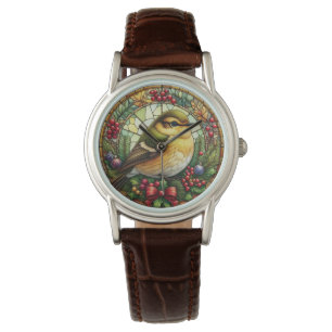 Reloj De Pulsera Navidades de cuero marrón pájaro de vidrio manchad