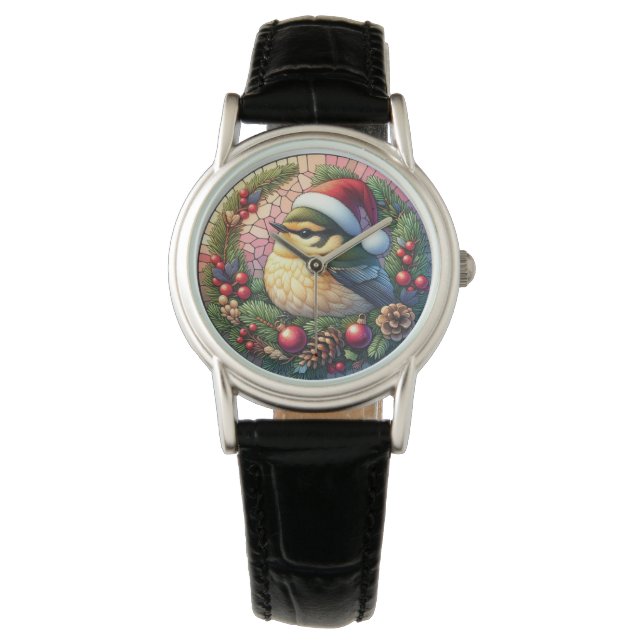 Reloj De Pulsera Navidades de cuero negro con pájaro de vidrio manc (Anverso)