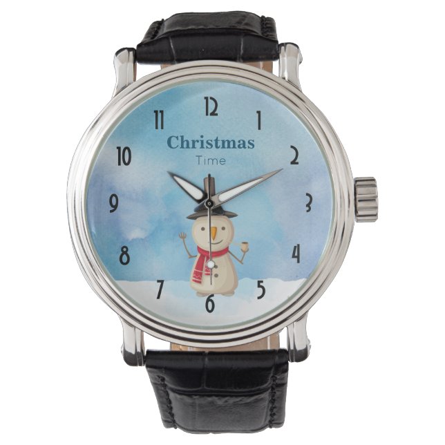 Reloj De Pulsera Navidades De Tiempo De Snowman Ondeando Y Sonriend (Anverso)