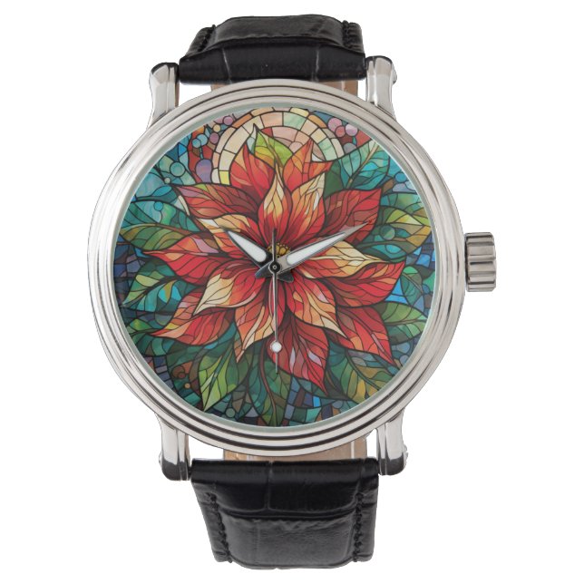 Reloj De Pulsera Navidades de vidrio templado flor rojo Poinsettia (Anverso)