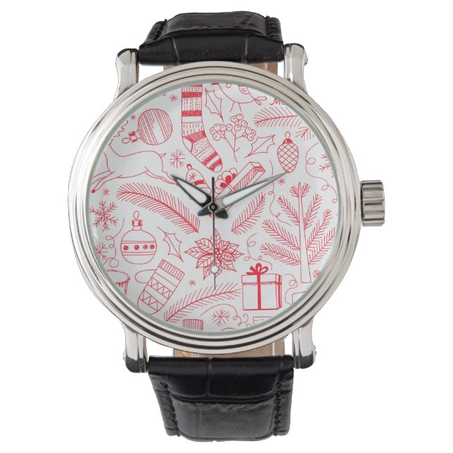 Reloj De Pulsera Navidades Doodle patrón rojo (Anverso)