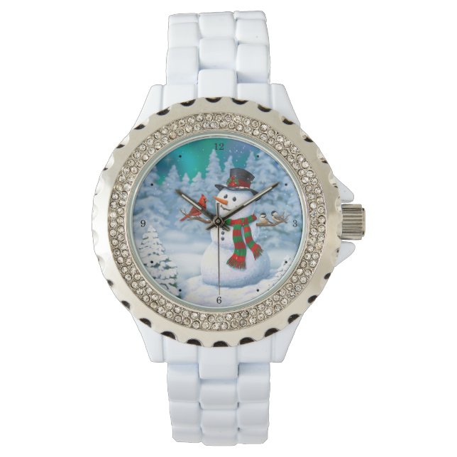 Reloj De Pulsera Navidades felices Snowman y Birds Winter Scene (Anverso)