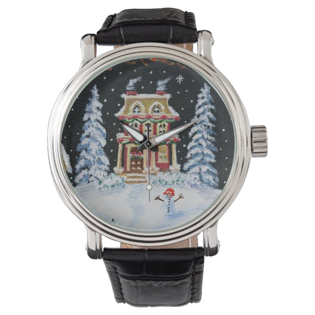Reloj De Pulsera Navidades, invierno, reloj, muñeco de nieve, casa, (Anverso)