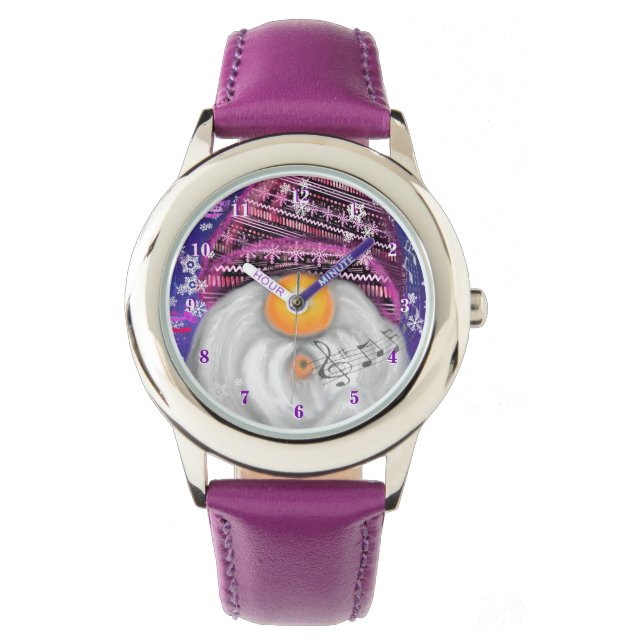 Reloj De Pulsera Navidades Miran Regalo Gnome Musical En Gorra Púrp (Anverso)