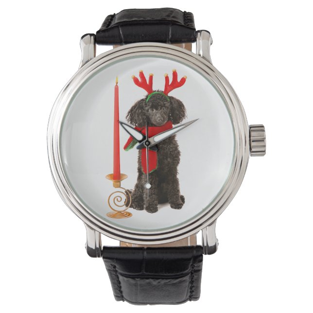 Reloj De Pulsera Navidades Perro de juguete negro vestido de reno (Anverso)