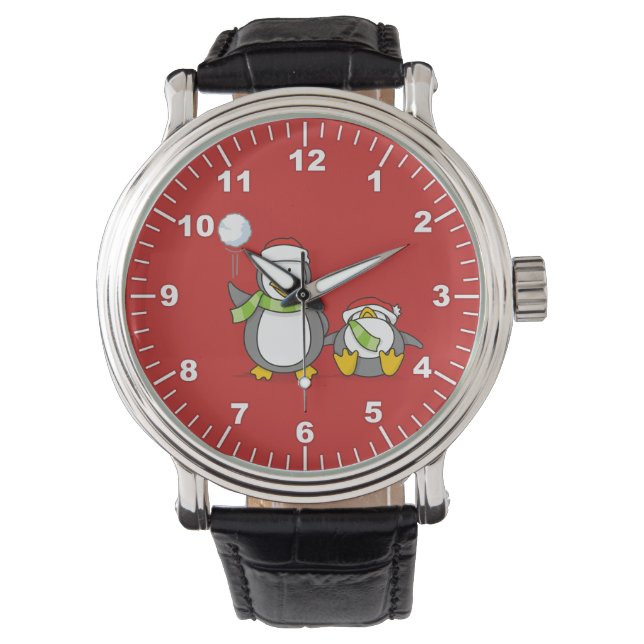 Reloj De Pulsera Navidades Pingüinos Snowballing (Anverso)