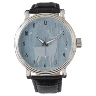 Reloj De Pulsera Navidades Rústicos De Los Renos De Madera Azul
