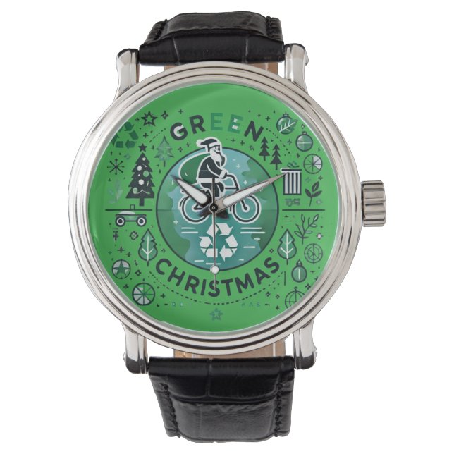 Reloj De Pulsera Navidades verdes - Diseño de Santa y Reciclaje (Anverso)