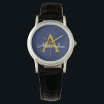 Reloj De Pulsera Navy Blue Gold Modern Script Girly Monograma Nombr<br><div class="desc">Reloj de nombres de monograma de escritura simple azul marino y oro. Esto hace que la graduación perfecta, el cumpleaños, el boda, la ducha de novia, el aniversario, la ducha de bebé o la fiesta de soltera sea un regalo para alguien que ama el lujo glam y los estilos de...</div>