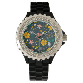 Reloj De Pulsera Navy Floral Garden Whimsical Spring Pattern