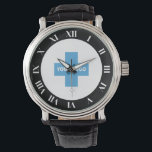 Reloj De Pulsera Negra Negra Negra Negra Números romanos Tu Logotip<br><div class="desc">Reloj de muñeca personalizado con números romanos blancos en negrita contra un borde negro que rodea su logo.</div>
