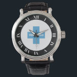 Reloj De Pulsera Negra Negra Negra Negra Números romanos Tu Logotip<br><div class="desc">Reloj de muñeca personalizado con números romanos blancos en negrita contra un borde negro que rodea su logo.</div>
