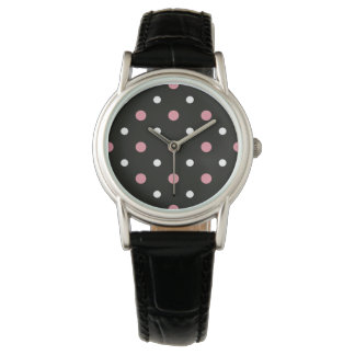 Reloj De Pulsera Negro con puntos rosa y blanco