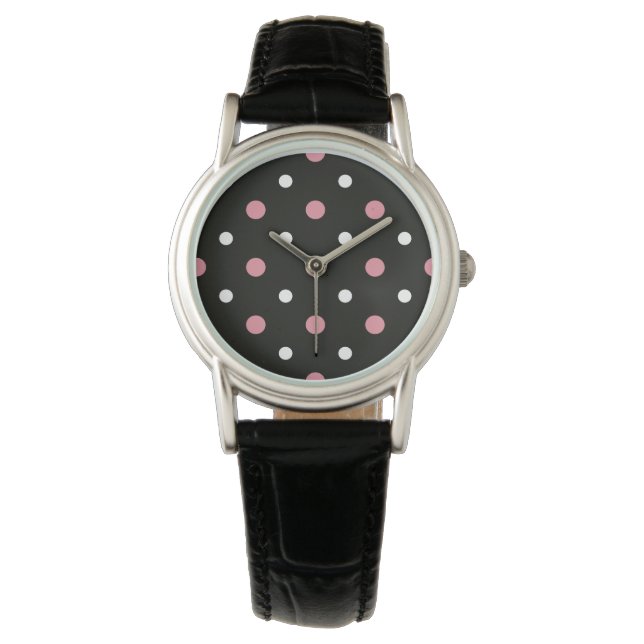 Reloj De Pulsera Negro con puntos rosa y blanco (Anverso)