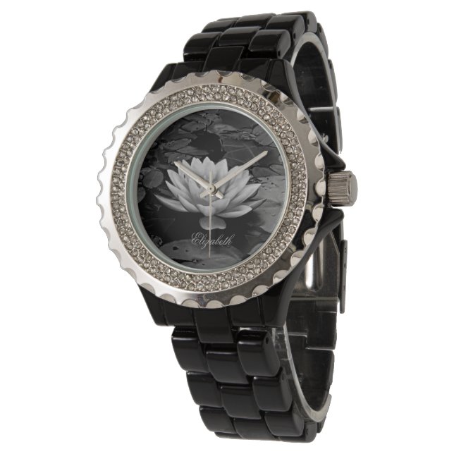 Reloj De Pulsera Negro y blanco de las flores de Lotus (Angular)