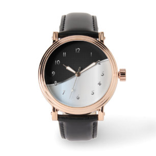 Reloj De Pulsera Negro Y Blanco Metalizado Contraste Simple brillan