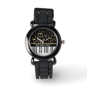 Reloj De Pulsera Negro y oro de las notas musicales y de las llaves