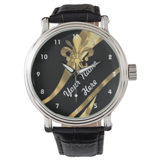 Reloj De Pulsera Negro y oro fleur de lys personalizado (Anverso)
